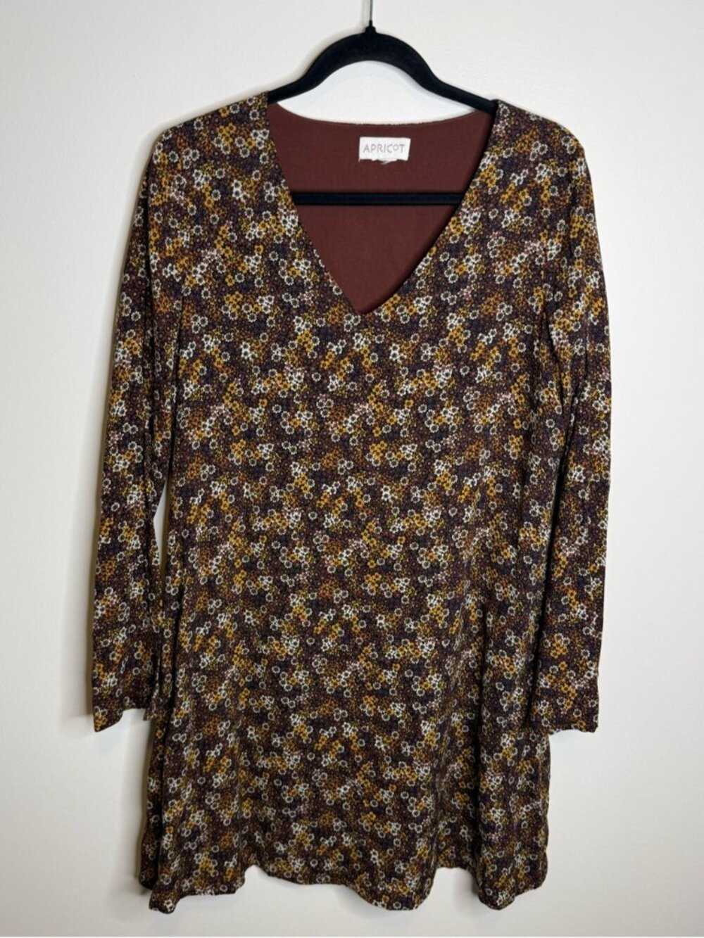 Apricot brown yellow Green floral long sleeve Dress size medium